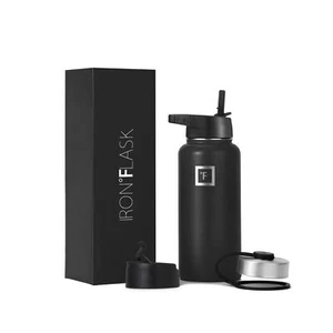 Iron Flask Wide Mouth Water Bottle With Straw Lid Black 32 oz - Picture 1 of 6