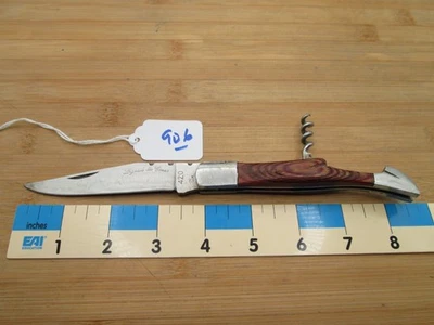 #906 Wood Handled Laguiole des Cimes Slipjoint Knife W/Corkscrew France - Image 1 of 4