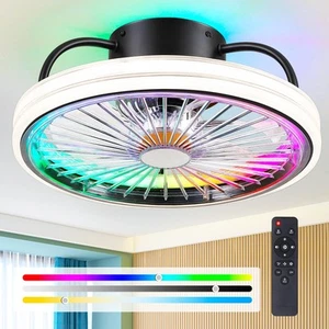 Low Profile Ceiling Fan with Light - Modern Flush Mount Ceiling Fan,15" RGB D... - Picture 1 of 7