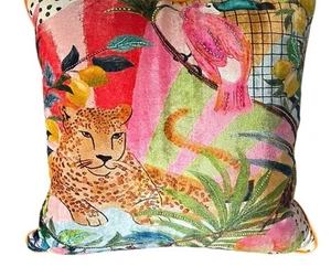Leopard Bird Tropical Pillow 20”x20” Bright Colored Beaded - Picture 1 of 5