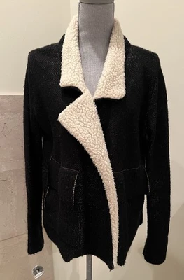 Vintage Havana Black Open Cardigan Sweater With Sherpa Collar Size L - Image 1 of 4