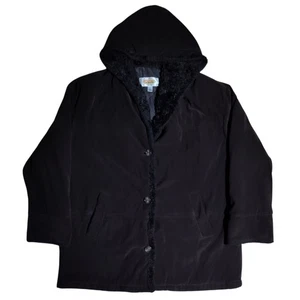 Vintage Talbots Fleece Coat Women's Size L Sherpa Lined Hooded Jacket Black Warm - Picture 1 of 12