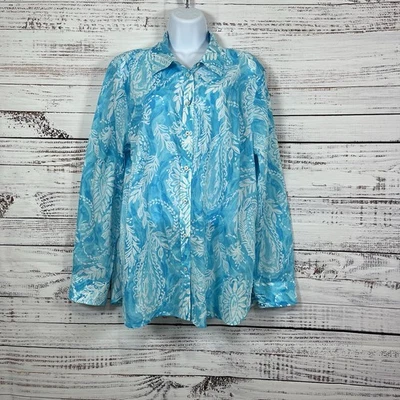 Talbots Shirt Womens Size XL Aqua Brushed Paisley Button Classic Long Sleeve  - Изображение 1 из 4