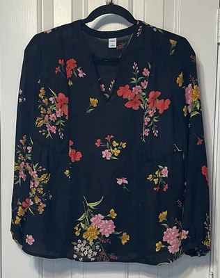 Old Navy 花卉衬衫女式小号黑色长袖 V 领轻便上衣 — 第 1/4 张图片