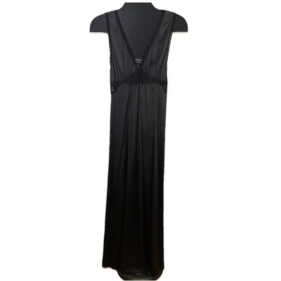 Camisón Miss Elaine Talla M Negro Nylon Vintage Largo Plisado Encaje Hecho en EE. UU. Foto 1 de 4