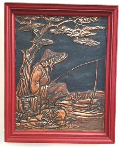 VTG Handmade Hammered Copper Relief Oriental Man Fishing Art Wooden Pic Frame - Picture 1 of 7