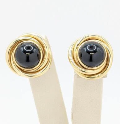 14K Yellow Gold 4.4g Triple Ring Bezel Cabochon Onyx Dress Formal Stud Earrings - Image 1 of 4