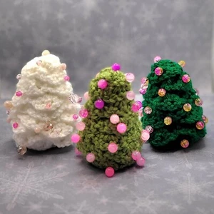 Beaded Christmas Tree Decorations - Set of 3 - Palm Size- Pink Beads - Picture 1 of 8