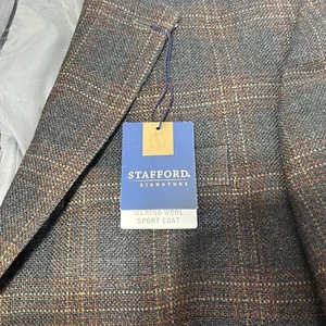new STAFFORD 42L 100% merino wool tweed blazer sport coat black brown windowpane - Picture 1 of 9