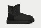 New Authentic Ugg Mini Bailey Button Ii Black Fur Boots Womens Size 7 (1016422)