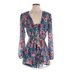 Lovers + Friends Romper S NWT Blue & Pink Rose Floral Puff Sheer Sleeves Cut Out - Picture 1 of 10