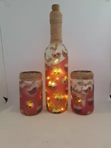 CLEARANCE........1 X XMAS LIGHT UP BOTTLE +2 T-LITE JARS. PUDDINGS DECOUPAGE - Picture 1 of 5