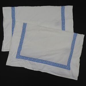 Williams Sonoma Home Pair of 2 Blue Embroidered Greek Key Rectangle Pillow Shams