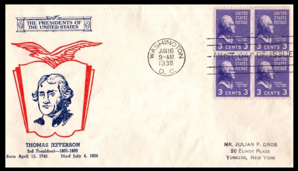 1938 Jefferson Prexy Presidential Sc 807-20 Fidelity cachet 3c purple (T15 - Image 1 of 1
