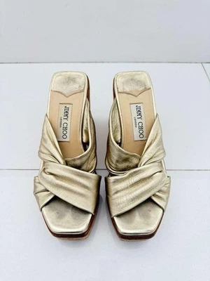 JIMMY CHOO Women’s Narisa 90 Gold Leather Platform Wedge Sandals 36/6 $550 - Image 1 of 4