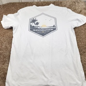 TravisMathew T-Shirt weiß Grafik XL Palme Sonnenuntergang Strand Urlaub - Bild 1 von 6