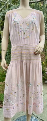 ANTIQUE 1920's PINK COTTON BOHEMIAN STYLE DRESS W/ SMOCKING FLORAL EMBROIDERY - Image 1 of 4