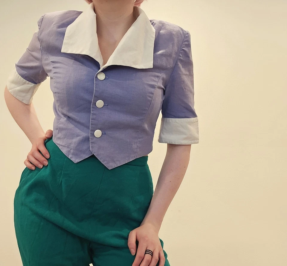 Blusa Rockabilly Vintage Años 40 Púrpura Azul Lavanda Top Pin Up Segunda Guerra Mundial Pequeña/Mediana Foto 1 de 4