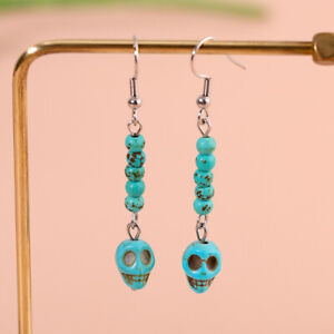 FREE wholesale 1pair skull Blue Turquoise bead stainless steel Dangle earring