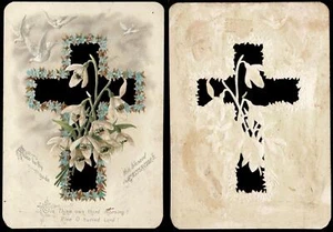 ANTIQUE Easter Cut-Out Lightly Embossed Doves Cross Card POSTCARD - UNUSED - Bild 1 von 1