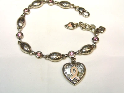 BRIGHTON...ST,Pink Crystals,Faux Pearls,Enamel Cancer Awareness Heart Bracelet - Image 1 of 4