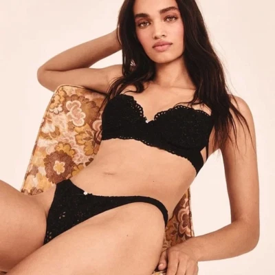 For Love And Lemons Sophie Eyelet Thong Panty Black XL NEW — 第 1/4 张图片
