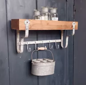 New Vintage Retro GREY Metal Wood Shelf Kitchen Bath Storage Wall Rack w/5 Hooks - Picture 1 of 7