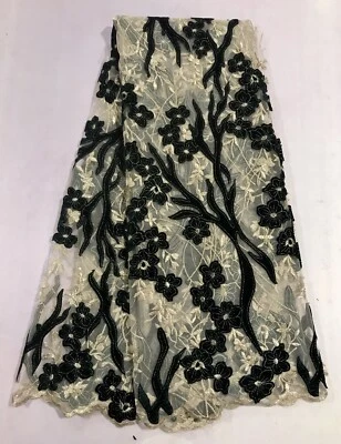 Gold Metallic embroidery W/Green Velvet Lace Fabric 50” Width Sold By The Yard - Image 1 of 4