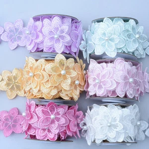 1 Yard Flower Lace Trim Beaded Ribbon Embroidered Fabric Wedding Dress Sewing - Picture 1 of 25