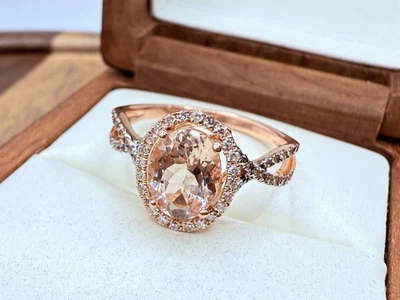 EFFY - Anillo infinito con halo de diamantes naturales y morganita de oro rosa sólido de 14K Foto 1 de 4