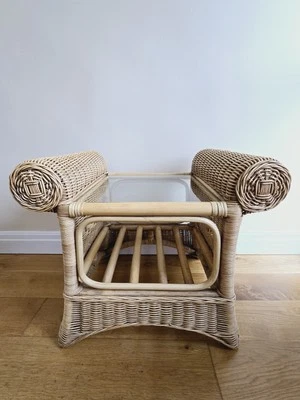 Vintage Bamboo Side Table Ratan Glass Top Retro Decor Conservatory - Image 1 of 4