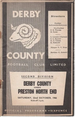 Derby County v Preston North End 22 October 1966 Official Match Programme - Image 1 of 2