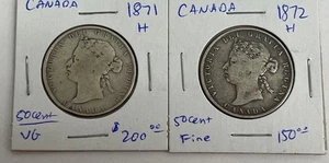 1871 H & 1872 H Canadian 50 Cent Coins - Queen Victoria - Picture 1 of 10