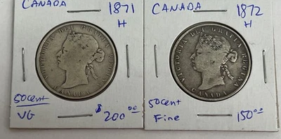 1871 H & 1872 H Canadian 50 Cent Coins - Queen Victoria - Image 1 of 4
