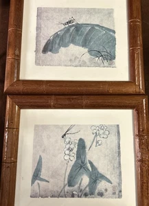 PAIR Chinese Brush INK ART Painting “BAMBOO GRASSHOPPER” DRAGONFLY - DAVID HU - Picture 1 of 12