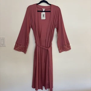 Hanro Women's Lace Accented Sleeves Robe with Self Tie Waist Size S NWT Pink - Picture 1 of 9