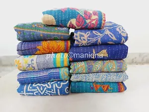 Handmade Indian Bed Kantha Quilt Floral Reversible Blue Bedspread Blanket.Throw - Picture 1 of 2