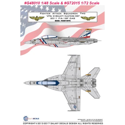 GALAXY G48010 G72015 1/48 1/72 F/A-18F VFA-2 Bounty Hunters OEF CAG 2011 Decal - Image 1 of 4