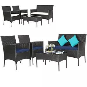 Patio 4PCS Wicker Furniture Set Coffee Table Cushions w/Off White & Navy Cover - Picture 1 of 10