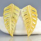 Golden Mother-of-Pearl Shell Carving Tree Fern Leaf Earring Pair Handmade 4.27 g