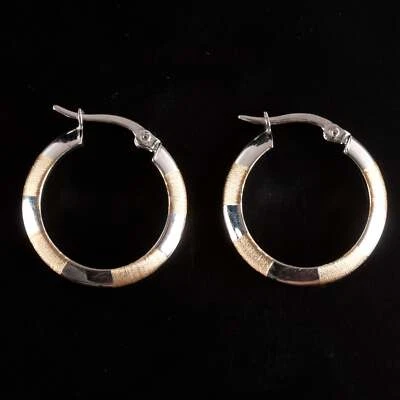 14k Yellow White Gold Two-Tone Brushed Style Hoop Earrings 1.7g - Image 1 of 4