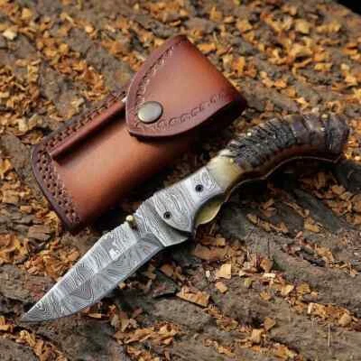 Handmade Damascus Steel Folding Blade Knife with Ram Horn Handle - Image 1 of 4