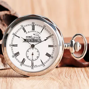 Antique Style Mechanical Pocket Watch Open Face Silver Railway Engine with Chain - Picture 1 of 12