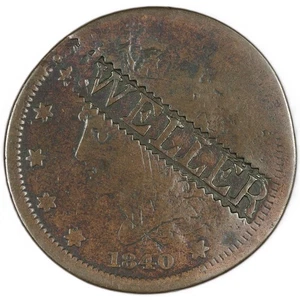 1840 Braided Hair Large Cent, Small Date, "...WELLER" Counterstamp, Brunk W-366 - Picture 1 of 5