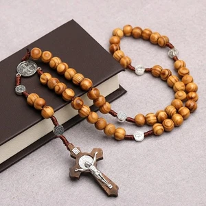 Catholic Wood Beaded Rosary Necklace INRI Cross Pendant Prayer Women Jewelry - Picture 1 of 13