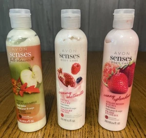 Avon 3 Senses Lotions -Fresh Apple, Fruity Yogurt & Strawberry Guava 8.4 Oz NOS - Picture 1 of 6