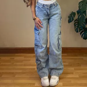 Aesthetic Vintage Cargo Womens Y2k High Waist Straight Baggy Jeans Trousers NEW - Picture 1 of 11