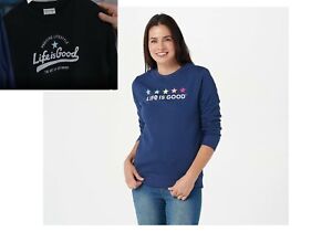 A383937 Life is Good Women's Logo French Terry Crew Sweatshirt NAVY ,BLACK  SZ L