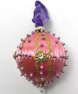 Vintage Perlen Pailletten Stecknadel Ornament Weihnachten Rosa Gold Lila Strass 4" - Bild 1 von 15