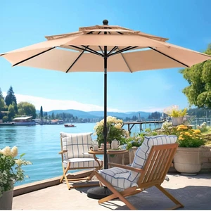 10ft 3 Tier Outdoor Patio Umbrella Market Sun Shade Steel Tilt W/ Crank Outdoor - Picture 1 of 8